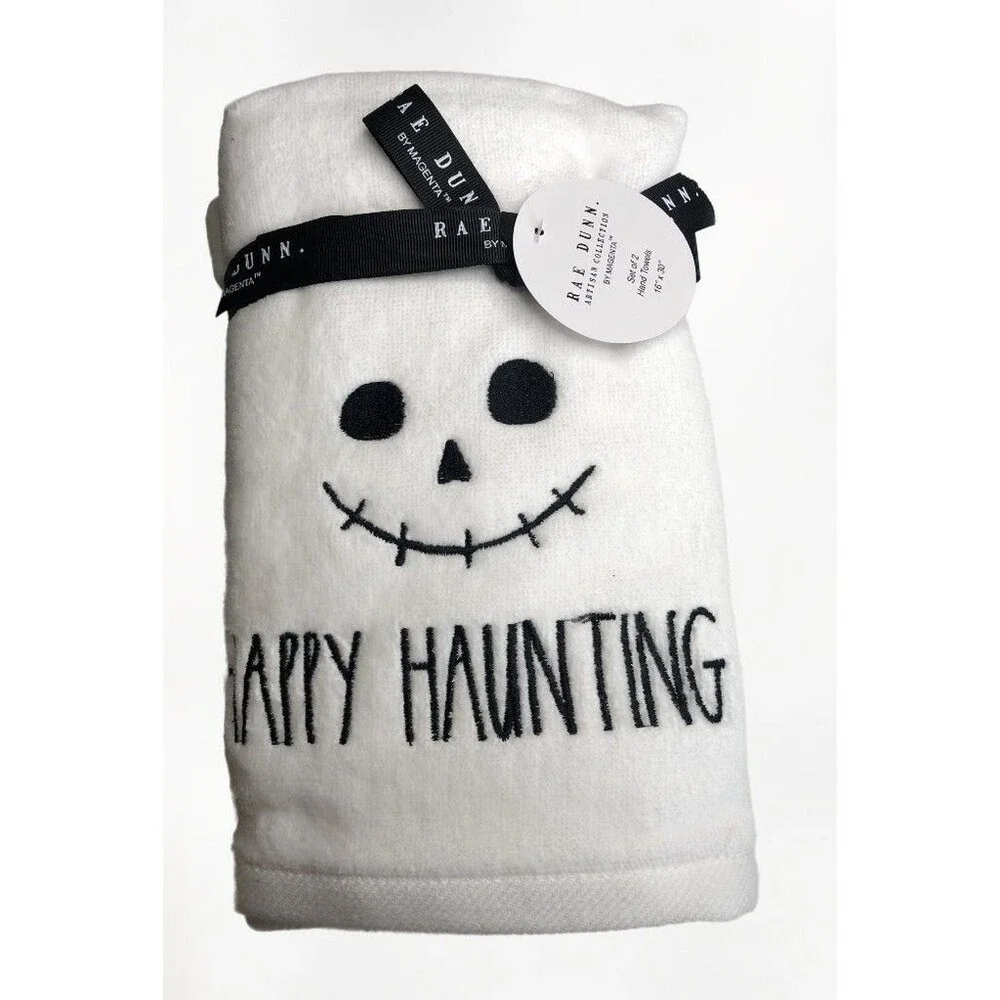 Rae Dunn Halloween Set of 2 Hand Towels Happy Haunting Skull Embroidered Spooky